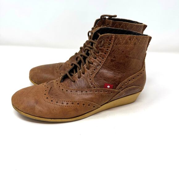 Oliberte Wingtip Leather Boots Womens 40 9 Brown Lace Up Wedge Utility Africa - Picture 1 of 11